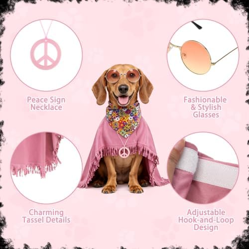 PAWCHIE Halloween Dog Hippie Costume Set 60s 70s, Pet Costume Accessories Includes Hippie Fringed Cape Bandana Glasses and Peace Necklace, Adjustable Boho Pet Outfit for Large Dogs Party Photo, Pink L - Image 3