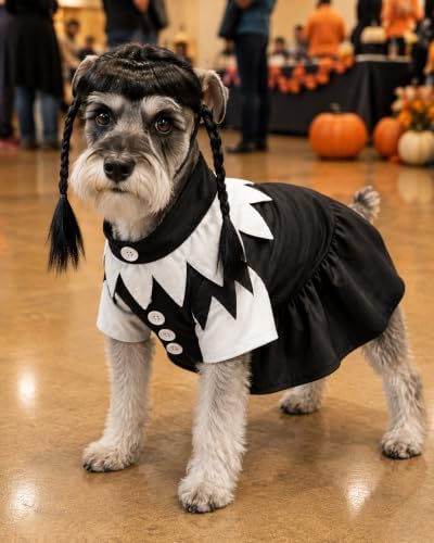 Dog Halloween Costume with Braided Wig, Spooky Black and White Collar Dress for Medium Large Dogs, Creepy Doll Pet Cosplay Outfit, Gothic Party Apparel - Image 4