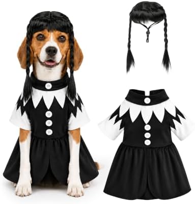 Dog Halloween Costume with Braided Wig, Spooky Black and White Collar Dress for Medium Large Dogs, Creepy Doll Pet Cosplay Outfit, Gothic Party Apparel by VISTARAFT