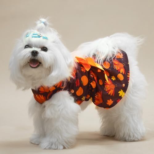 PUPTECK Thanksgiving Dog Dress with Bowtie, Orange Turkey Pumpkin Print, M - Image 7