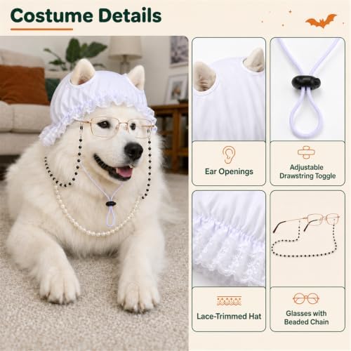 3 Pcs Dog Grandma Costume, Old Lady Mop Cap Pearl Necklace Granny Glasses - Image 3