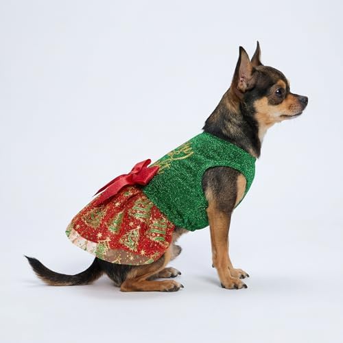 Fitwarm Furry and Bright Dog Christmas Outfit, Sparkly Pet Holiday Tulle Dress, Winter Clothes for Small Dogs - Girl, Christmas Tree Outfit - Red, Green, Golden, Medium - Image 3