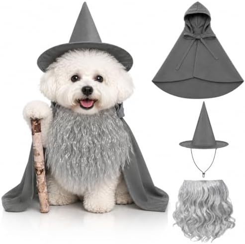 3 Pcs Halloween Pet Wizard Costume for Small Dogs Cats Kitten Puppy Cosplay Outfit Gray Polyester Halloween Party (L) by Funnysoft