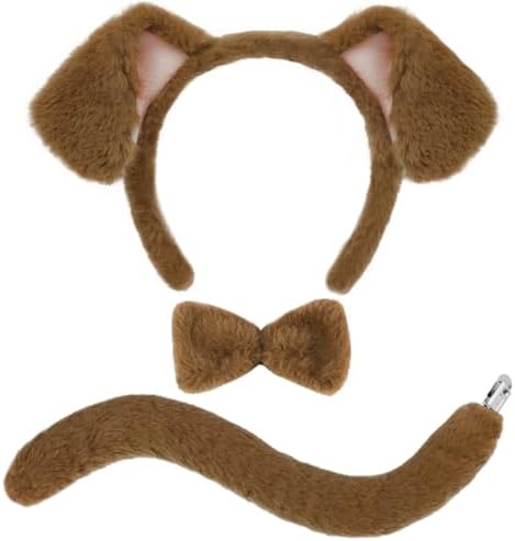 Beviliu 3 Pieces Dog Costume Set, Golden Dog Ears and Tail Bowtie, Brown Puppy Ears Costume for Halloween by Beviliu
