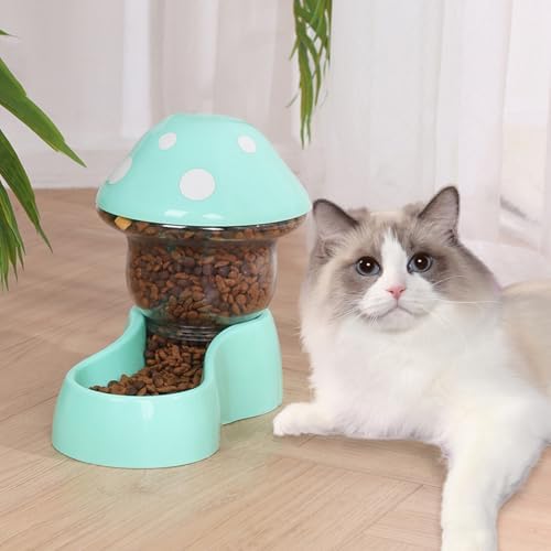 2025 Automatic Pet Feeder with Mushroom Shape for Cats Dogs Puppies Kittens Easy Clean Refill Dual Food Water Dispenser for Small Medium Pets at Home Travel (Green)
