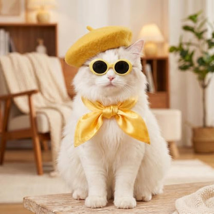 Dog Beret Scarf Glasses Pet French Beanie for Small Dogs(Yellow, Small) - Image 5
