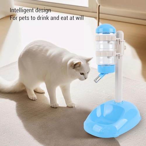 Cryfokt Pet Standing Water Dispenser, Plastic Height Adjustable 500ml Capacity Dog Water Bottle Dispenser Automatic Dog Feeding Station Food for PuppyBowl (Blue)