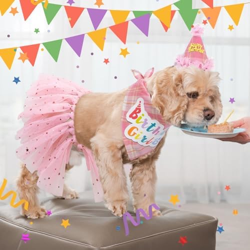 SCENEREAL Dog Birthday Bandana Hat with Dress Girl Set Party Supplies Plaid Puppy Birthday Outfit Cute Dog Tutus for Small Medium Lage Dogs, Pink Plaid - Image 6