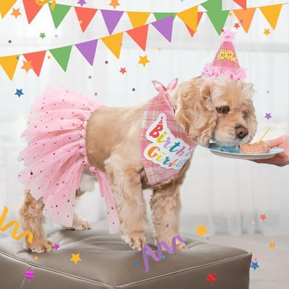 SCENEREAL Dog Birthday Bandana Hat with Dress Girl Set Party Supplies Plaid Puppy Birthday Outfit Cute Dog Tutus for Small Medium Lage Dogs, Pink Plaid - Image 6