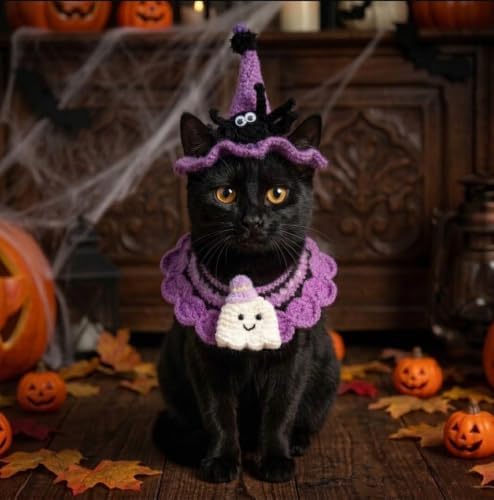 Halloween Cat Costume & Dog Outfit – Handmade Purple Witch Hat & Cute Ghost Cat Clothes, Adjustable Pet Outfit for Rabbits,Cats &Small Dogs, Lightweight & Breathable, Festive Pet Accessories - Image 5