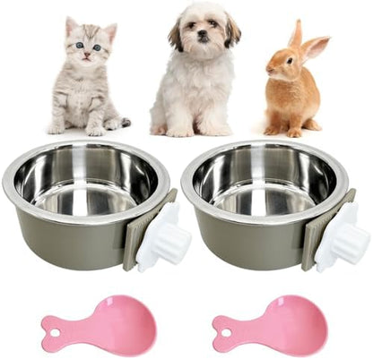 Hamiledyi Crate Dog Bowl Cat 2 Pcs Removable Stainless Steel Hanging No Spill Pet Bowl for Kennels Durable Detachable Design Fits Small Medium Dog Cages (Grey