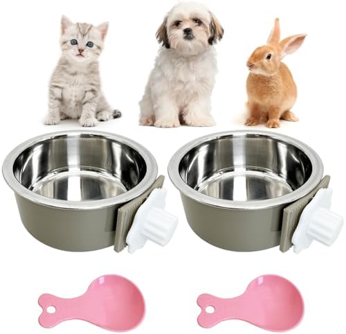 Hamiledyi Crate Dog Bowl Cat 2 Pcs Removable Stainless Steel Hanging No Spill Pet Bowl for Kennels Durable Detachable Design Fits Small Medium Dog Cages (Grey