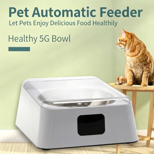 Automatic Dog Bowl with Lid Auto Opening Feeder Stainless Steel Inner Tray ABS Housing Daily Food Water Use White Indoor