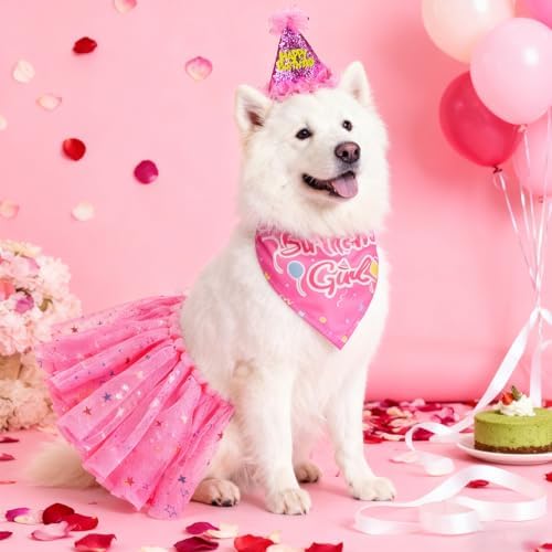 SCENEREAL Dog Birthday Bandana with Hat and Dress Girl Set, Large Dog Birthday Party Supplies, Cute Tutu Skirt Outfit for Medium Big Dogs, Rose Red XL - Image 2