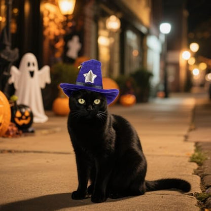 Halloween Cat Wizard Hat, Pet Halloween Costumes, Witch Cosplay Outfit with Bell for Small Dogs Cats Rabbits, Adjustable, Purple - Image 6