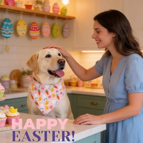 Dog Bandana for Easter Day - Lovely Bunny Carrot Chicken & Daisy Flower Theme, Holiday Pet Costumes Scarf with Adjustable Snap Button, Large to Giant Breeds (75lbs+) - Image 2