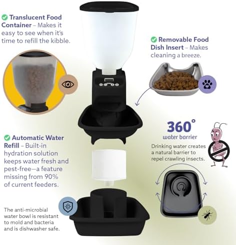 Feeding Friend® Automatic Dog & Cat Food Feeder with Water Dispenser, Smart Portion Control, OLED Display, Anti-Jam Design, Battery Operated, XS 4–15 lbs Pets, Black