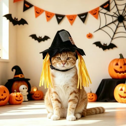 NAMSAN Pet Scarecrow Costume for Cats Small Dogs Rabbits, Halloween Cat Hat with Wig, Small Dog Scarecrow Hat, Halloween Cat Wig Straw Outfit for Holiday Party Cosplay Statue Decoration - Image 6