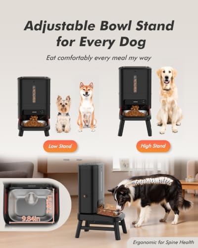 Automatic Dog Feeder for Large Breed with Camera - 15L/ 63 Cups Anti-Clog 5G WiFi Dog Food Dispenser for 2-23mm Kibble, Elevated Stand, Large Food Tray, 1080P HD Video with Night Vision, Keeps Fresh