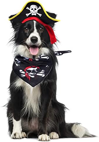 2 Pieces Skull Print Pet Pirate Hat with Pirate Skull Bandana Dog Cat Captain Cap Halloween Pirate Cosplay Costume Halloween Party Hat Dress Up Costume Accessories (B) One Size - Image 5