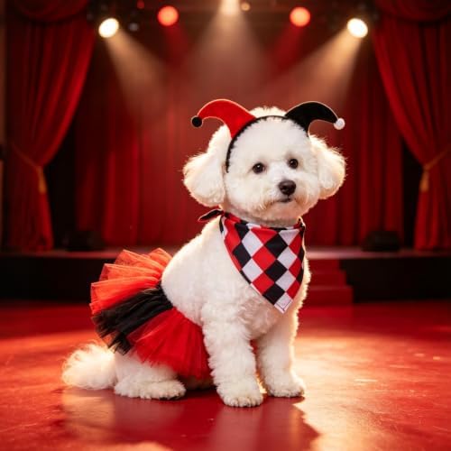 SCENEREAL Small Dog Halloween Costume, Clown Dog Bandana Headband Dress Set - Image 6