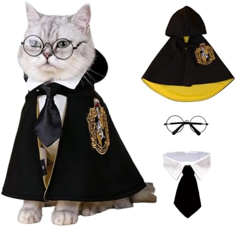 Dog Halloween Magician Costume Set, Cat Wizard Cloak with Hood, Tie & Glasses, Pet Cosplay Outfit for Halloween Party, Puppy Witch Costume for Small Dogs (Yellow, Medium) by Unknown