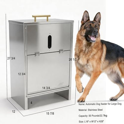 Automatic Dog Feeder Large Breed - Stainless Steel - 50LBs Dog Food Feeder for Kibble Outdoor Gravity Self Feeding for Medium, Large Dog Breeds, Pre-Installed Nuts for Easy Assembly