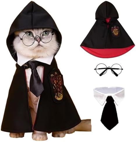 Dog Halloween Magician Costume Set, Cat Wizard Cloak with Hood, Tie & Glasses, Pet Cosplay Outfit for Halloween Party, Puppy Witch Costume for Small Dogs (Red and Black, Small) by Unknown