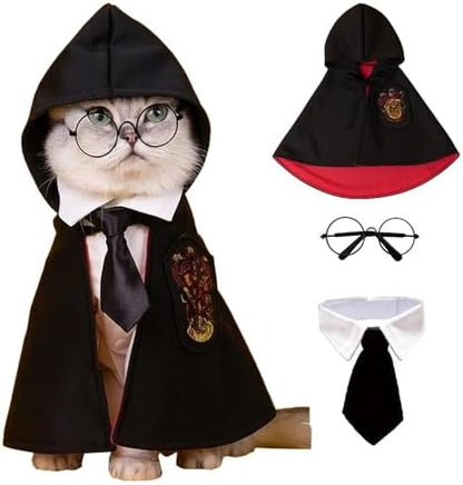 Dog Halloween Magician Costume Set, Cat Wizard Cloak with Hood, Tie & Glasses, Pet Cosplay Outfit for Halloween Party, Puppy Witch Costume for Small Dogs(Red and Black, Large) by Unknown