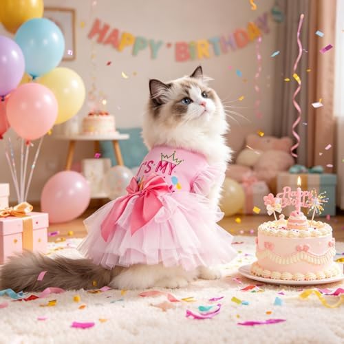 KOOLTAIL Dog Birthday Dress for Small Medium Dogs Girl, Puppy Lace Tutu Pink Birthday Party Holiday Outfit Gift, Cute Ruffle Sleeves Bowknot Dress, Soft Pet Cat Princess Clothes Costume Apparel, XS - Image 3