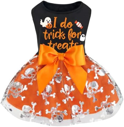 XPUDAC Halloween Dog Dress Costumes for Small Dogs Girl Tulle Dress Dog Clothes Skull Holiday Pet Costume Cat Outfits, Orange-XS by XPUDAC