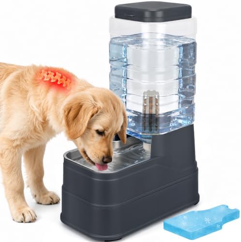2.2 Gallon Pet Automatic Dog Water Dispenser Cat Gravity Waterer Feeder with Stainless Steel Bowl 8L Large Capacity Puppy Feeding Raised Bowls with Filter,Ice Pack (Charcoal Gray, 8L(2.2 Gallon))