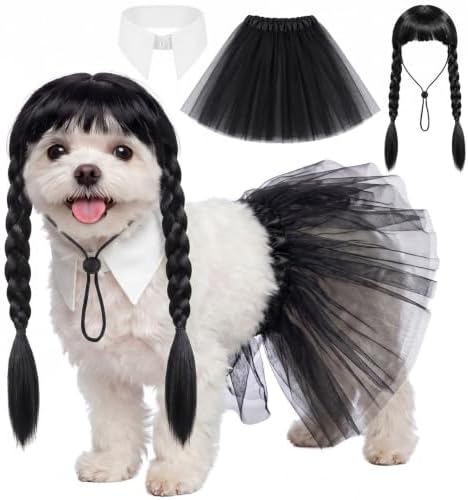 Dansydaisy 3 Pcs Black Halloween Dog Costume Set with Twin Ponytail Wig by Dansydaisy