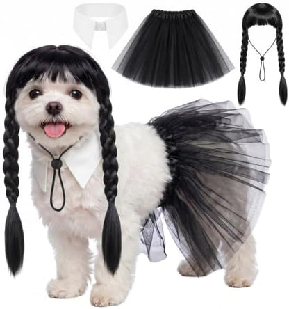 Dansydaisy 3 Pcs Black Halloween Dog Costume Set with Twin Ponytail Wig by Dansydaisy