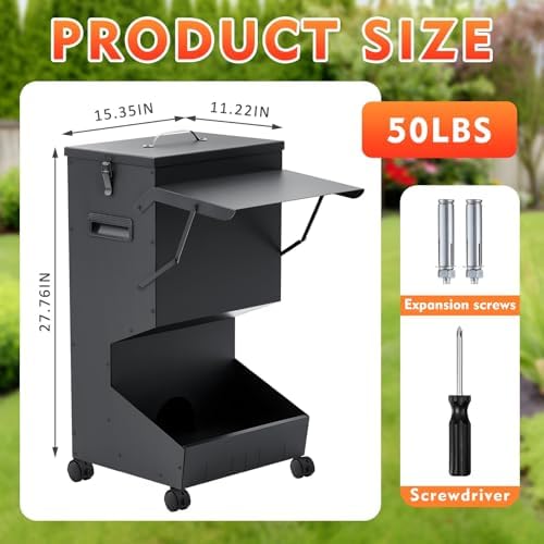 Willinglong 1 Pcs Automatic Large Dog Feeder with Lid and Wheels Outdoor 50 Lbs Self Feeding Pet Food Dispenser for Large Breed Dogs Pets