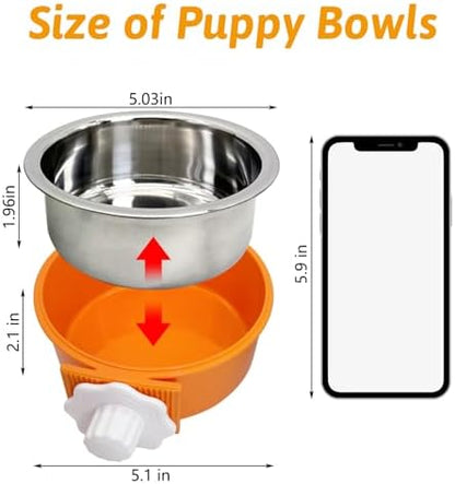 Hamiledyi Crate Dog Bowl Cat - Removable Stainless Steel Hanging No Spill Pet Bowl for Kennels Durable Detachable Design Fits Small Medium Dog Cages (2 Pcs, Orange