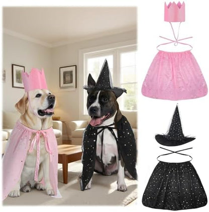 Huhumy 4 Pcs Halloween Witch Pet Costume, Cloak Hat Crown for Dogs Cats - Image 2