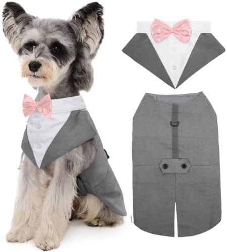 Kuoser Dog Tuxedo Dog Suit and Bandana Set, Dogs Tuxedo Wedding Party Suit, Doggy Prince Bow Tie Shirt Formal Pet Wedding Attire for Large Medium and Small Dogs Golden Retriever Samo Bulldogs by Kuoser