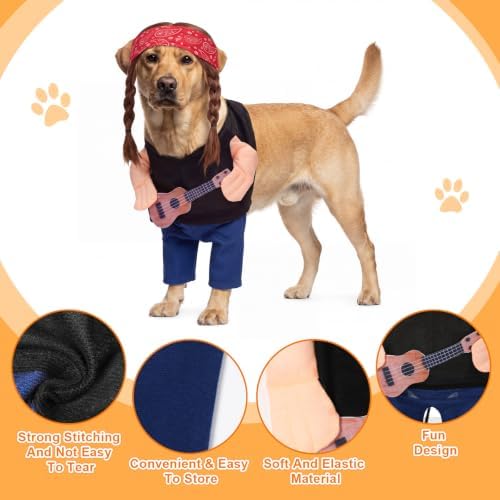 Huhumy Halloween Country Singer Dog Costume Guitar Wig Bandana for Dog, XXL - Image 2