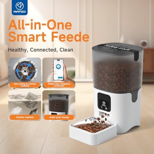 PAPIFEED Automatic Cat Feeder with App, 5G WiFi Auto Cat Feeder, 6L Slow-Feed Cat Food Dispenser for Dry Food, Dual Power Supply Timed Pet Feeder for Small Dog, 10 Meals/Day, 12 Portions/Meal, White