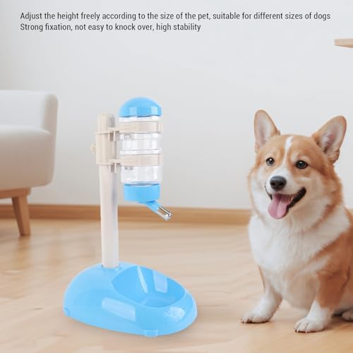 Cryfokt Pet Standing Water Dispenser, Plastic Height Adjustable 500ml Capacity Dog Water Bottle Dispenser Automatic Dog Feeding Station Food for PuppyBowl (Blue)