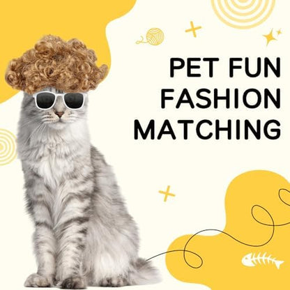HOWWFALY Cat Apparel Cat Gold Afro Wig with White Small Glasses Styling Cute Funny Pet Hair Accessories Decoration for Halloween, Christmas, Parties - Image 3