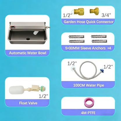 Automatic Dog Water Dispenser with Drain Hole, 304 Stainless Steel Auto Water Dog Bowl with Float Valve, Hose Quick Connect Fitting, Automatic Livestock Waterer for Horse, Chicken (2 Gallons)