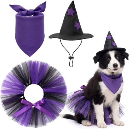 Huhumy 3 Pcs Halloween Witch Dog Costume Bandana Tutu Skirt for Puppy Cat by Huhumy