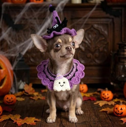 Halloween Cat Costume & Dog Outfit – Handmade Purple Witch Hat & Cute Ghost Cat Clothes, Adjustable Pet Outfit for Rabbits,Cats &Small Dogs, Lightweight & Breathable, Festive Pet Accessories - Image 4