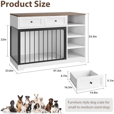 IDEALHOUSE 47" Dog Crate Furniture with Drawers and Open Shelves, White