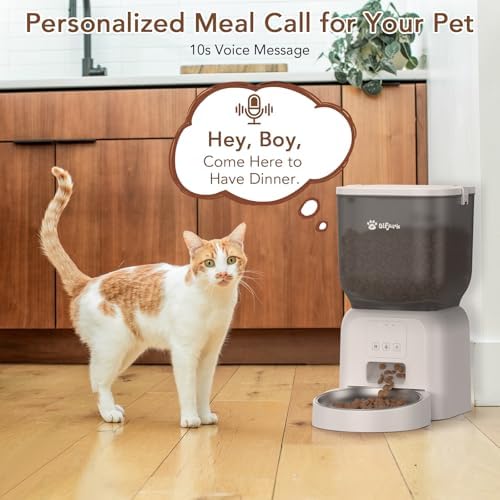 Remote Controlled Automatic Dog & Cat Feeder, APP Controlled,with Freshness Preservation, Timed Cat Feeder with Stainless Steel Bowl. 4L Capacity Up to 6 Meals Per Day and 1-15 Portion for Pets（White）