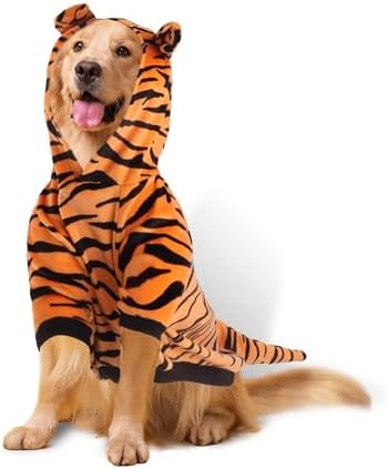 DELIFUR Large Dog Tiger Costume - Tiger Halloween Costume for Medium Large Dogs Golden Retriever Labrador Rottweiler Cute Hoodie Outfit (Yellow, XXXX-Large) by DELIFUR