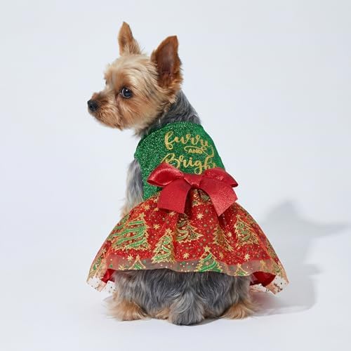 Fitwarm Furry and Bright Dog Christmas Outfit, Sparkly Pet Holiday Tulle Dress, Winter Clothes for Small Dogs - Girl, Christmas Tree Outfit - Red, Green, Golden, Medium - Image 2