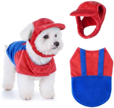 Dansydaisy Dog Halloween Costume Set Funny Red Overalls Outfit with Hat Retro Buddy Themed Dog Clothes for Cosplay Party(Medium) by Dansydaisy